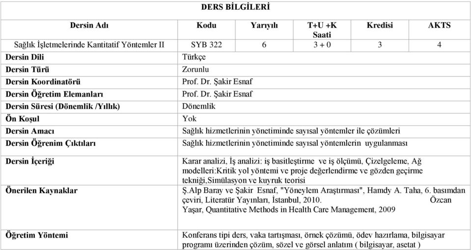 Şakir Esnaf Sağlık hizmetlerinin yönetiminde sayısal yöntemler ile çözümleri Sağlık hizmetlerinin yönetiminde sayısal yöntemlerin uygulanması Önerilen Kaynaklar Karar analizi, İş analizi: iş