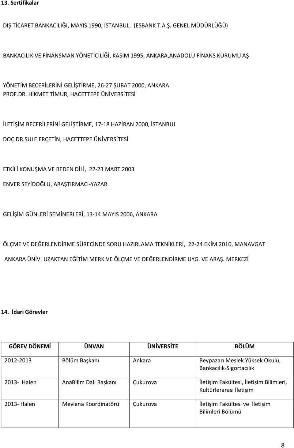 SEYİDOĞLU, ARAŞTIRMACI-YAZAR GELİŞİM GÜNLERİ SEMİNERLERİ, 13-14 MAYIS 2006, ANKARA ÖLÇME VE DEĞERLENDİRME SÜRECİNDE SORU HAZIRLAMA TEKNİKLERİ, 22-24 EKİM 2010, MANAVGAT ANKARA ÜNİV.