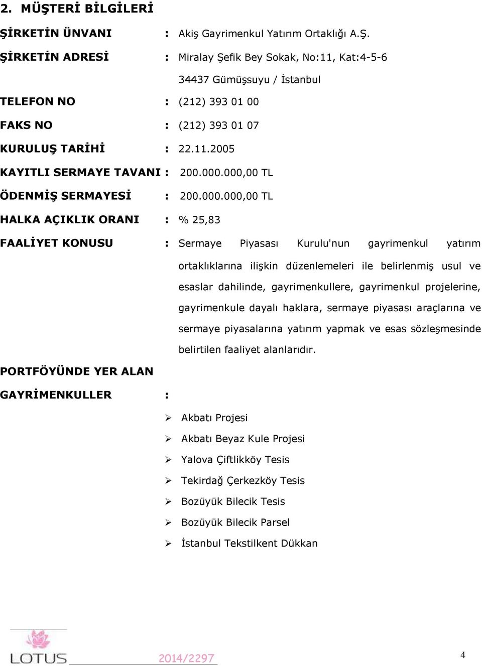 000,00 TL ÖDENMİŞ SERMAYESİ : 200.000.000,00 TL HALKA AÇIKLIK ORANI : % 25,83 FAALİYET KONUSU : Sermaye Piyasası Kurulu'nun gayrimenkul yatırım ortaklıklarına ilişkin düzenlemeleri ile belirlenmiş