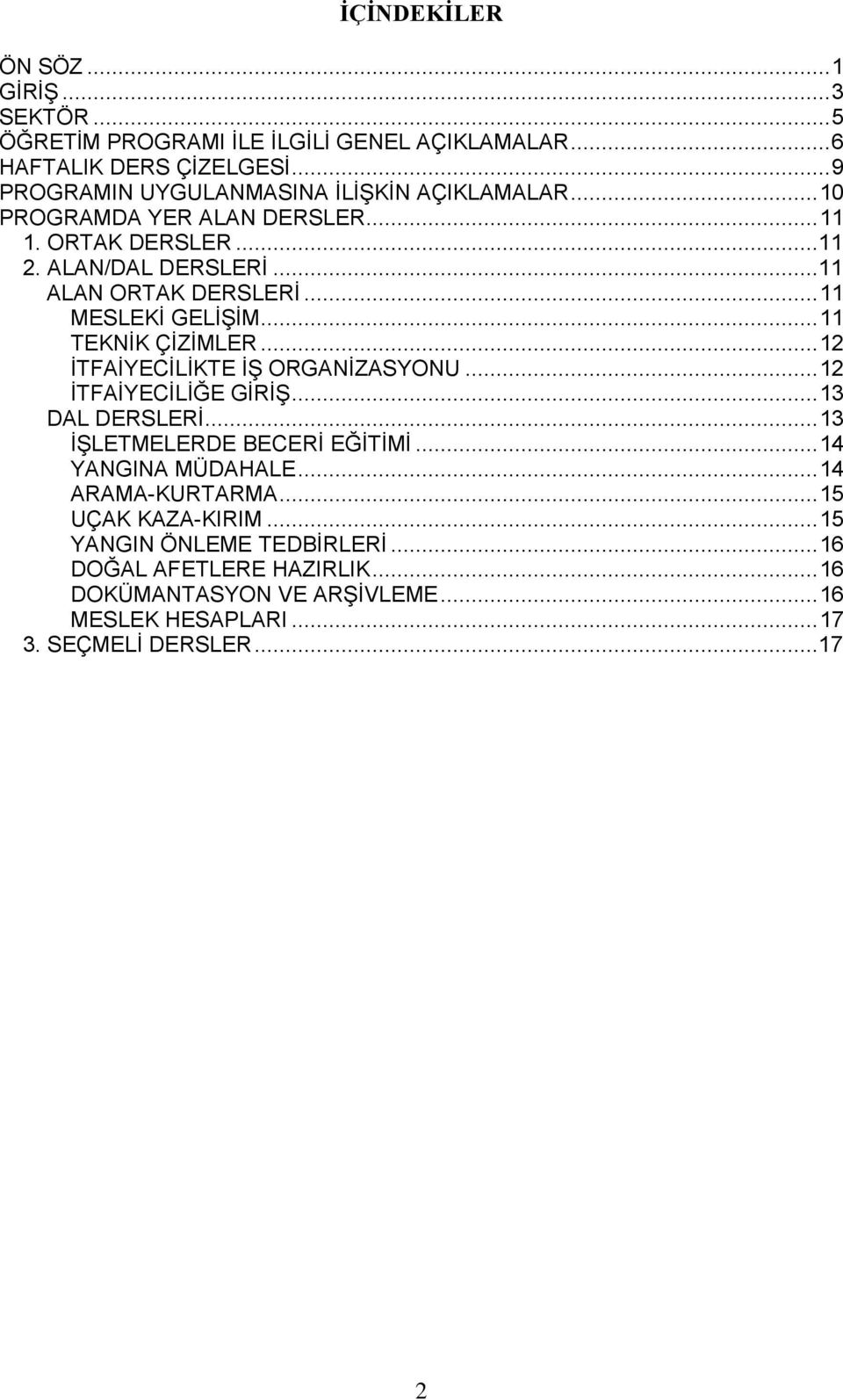 .. 11 MESLEKİ GELİŞİM... 11 TEKNİK ÇİZİMLER... 12 İTFAİYECİLİKTE İŞ ORGANİZASYONU... 12 İTFAİYECİLİĞE GİRİŞ... 13 DAL DERSLERİ... 13 İŞLETMELERDE BECERİ EĞİTİMİ.