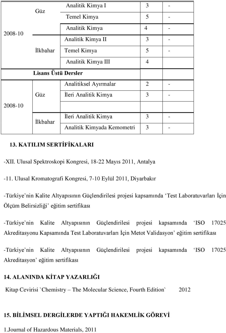 Ulusal Kromatografi Kongresi, 7-10 Eylül 2011, Diyarbakır -Türkiye nin Kalite Altyapısının Güçlendirilesi projesi kapsamında Test Laboratuvarları İçin Ölçüm Belirsizliği eğitim sertifikası -Türkiye