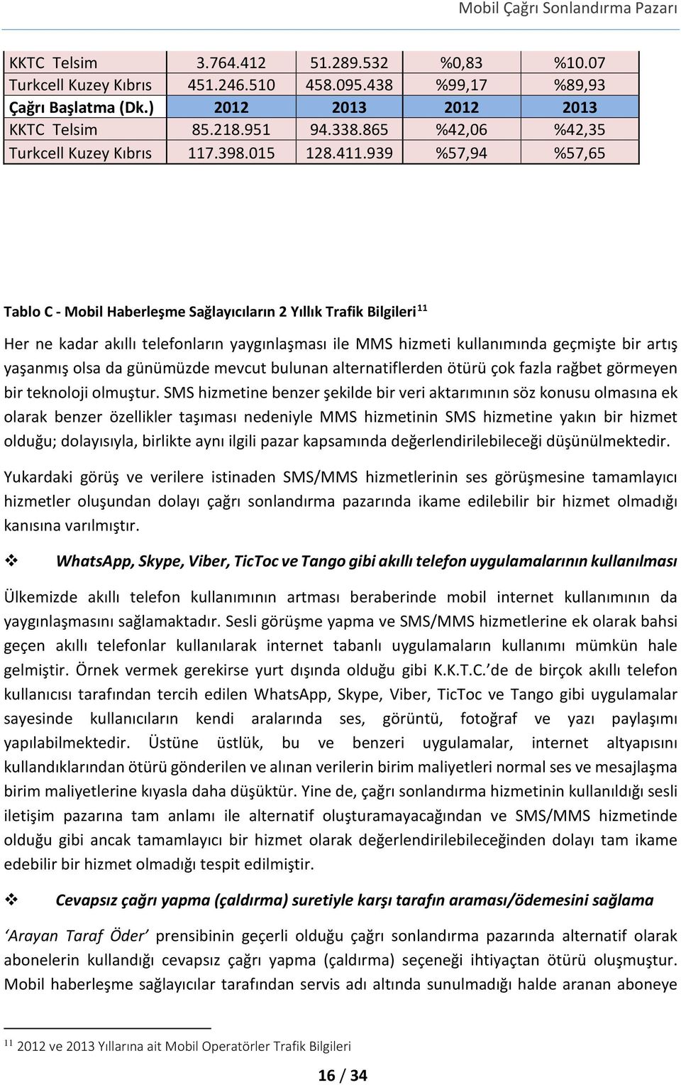 939 %57,94 %57,65 Tablo C - Mobil Haberleşme Sağlayıcıların 2 Yıllık Trafik Bilgileri 11 Her ne kadar akıllı telefonların yaygınlaşması ile MMS hizmeti kullanımında geçmişte bir artış yaşanmış olsa