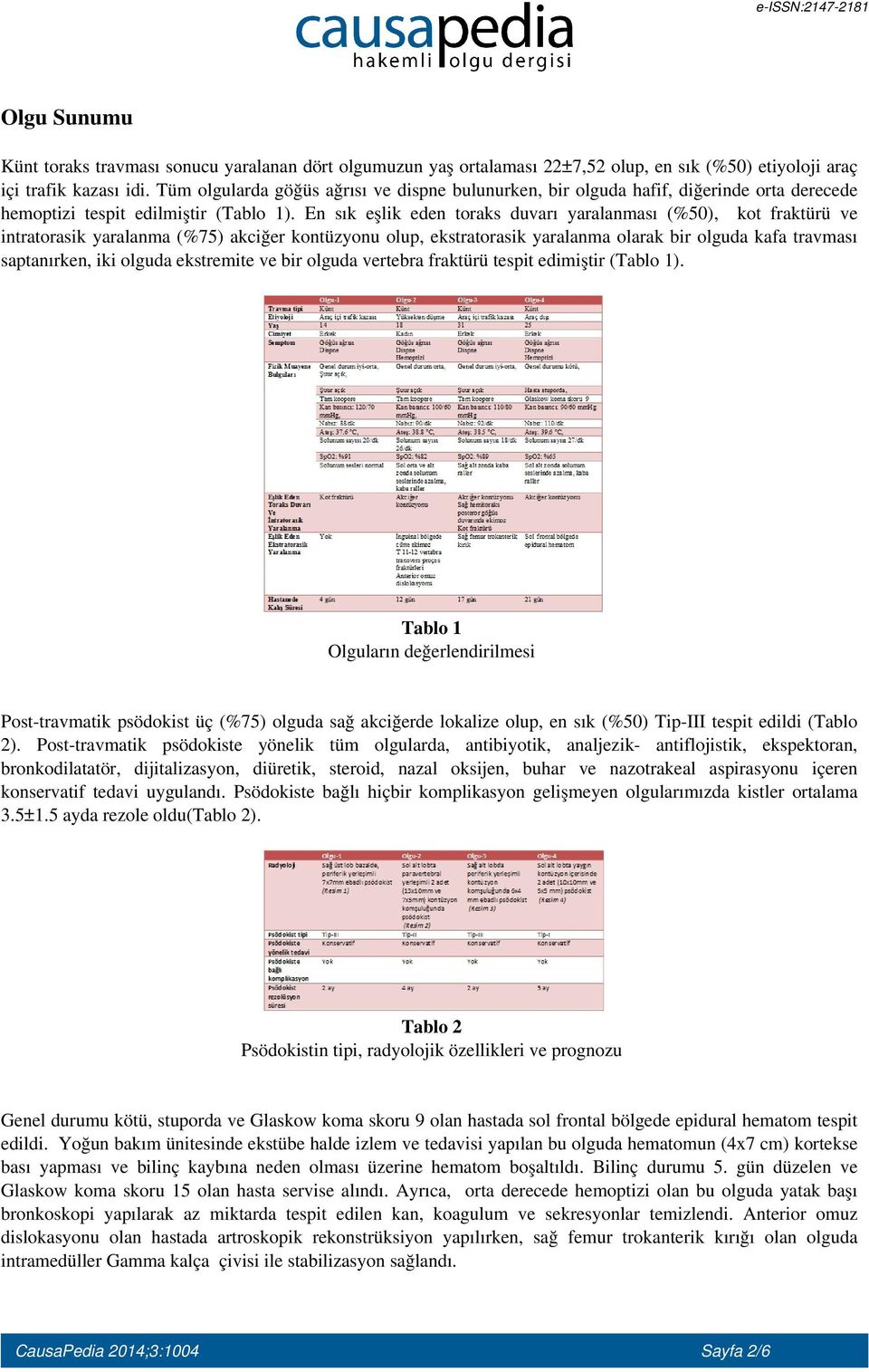 En sık eşlik eden toraks duvarı yaralanması (%50), kot fraktürü ve intratorasik yaralanma (%75) akciğer kontüzyonu olup, ekstratorasik yaralanma olarak bir olguda kafa travması saptanırken, iki