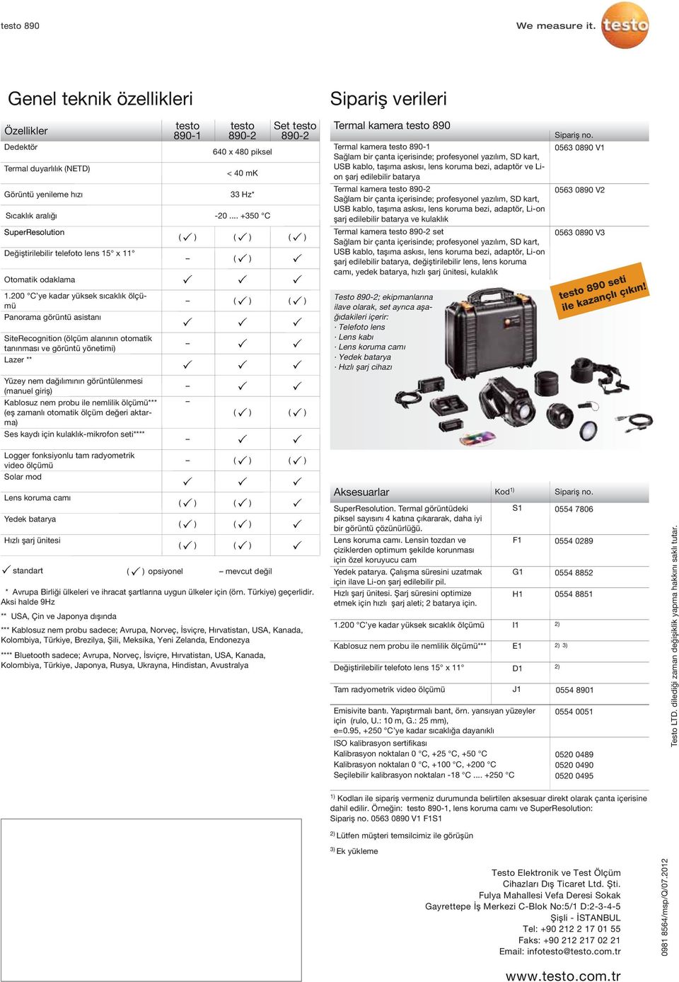 1.200 C ye kadar yüksek sıcaklık ölçümü Panorama görüntü asistanı SiteRecognition (ölçüm alanının otomatik tanınması ve görüntü yönetimi) Lazer ** testo 890-1 testo 890-2 640 x 480 piksel < 40 mk 33