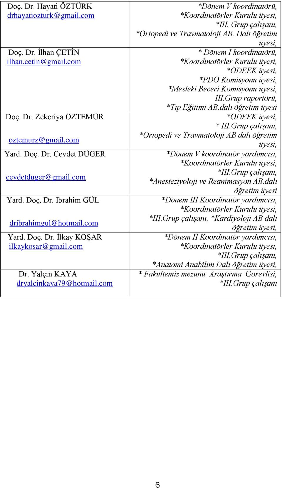 Dalı öğretim üyesi, * Dönem I koordinatörü, *Koordinatörler Kurulu üyesi, *ÖDEEK üyesi, *PDÖ Komisyonu üyesi, *Mesleki Beceri Komisyonu üyesi, III.Grup raportörü, *Tıp Eğitimi AB.