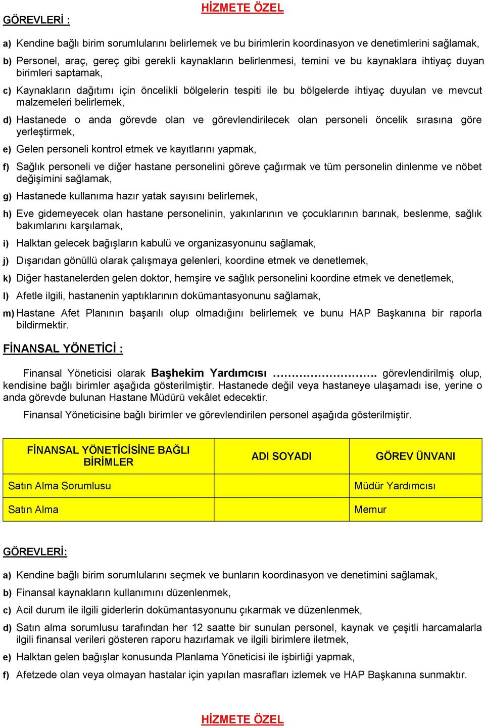 olan ve görevlendirilecek olan personeli öncelik sırasına göre yerleģtirmek, e) Gelen personeli kontrol etmek ve kayıtlarını yapmak, f) Sağlık personeli ve diğer hastane personelini göreve çağırmak