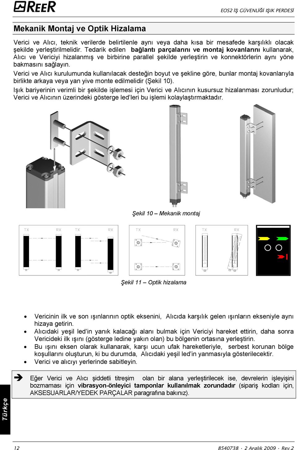 Verici ve Alıcı kurulumunda kullanılacak desteğin boyut ve şekline göre, bunlar montaj kovanlarıyla birlikte arkaya veya yan yive monte edilmelidir (Şekil 10).