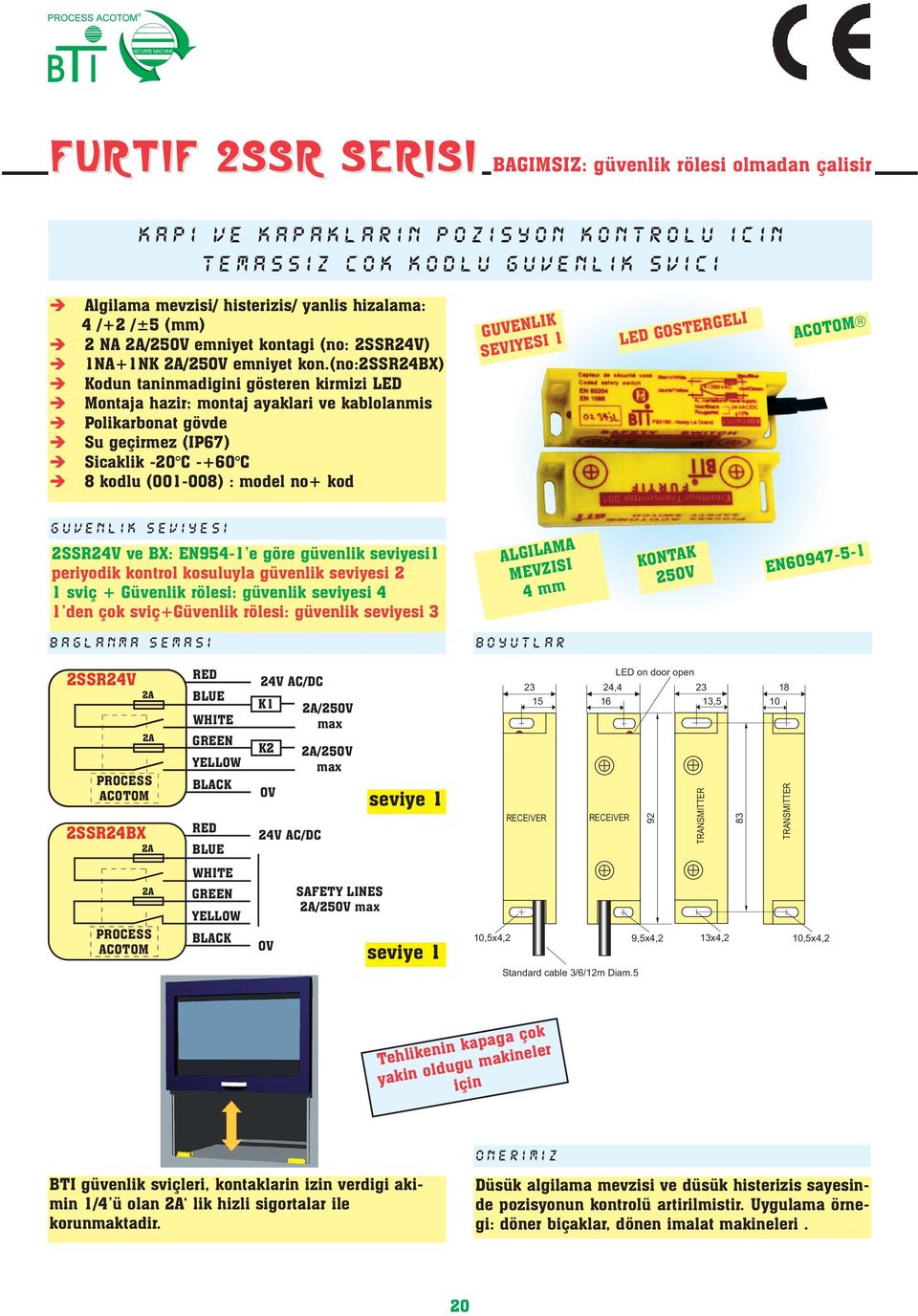 (IP67) Sicaklik -20 C -+60 C 8 kodlu (001-008) : model no+ kod GUVENLIK SEVIYESI 1 LED GOSTERGELI ACOTOM GUVENLIK SEVIYESI 2SSR24V ve BX: EN954-1 e göre güvenlik seviyesi1 periyodik kontrol kosuluyla