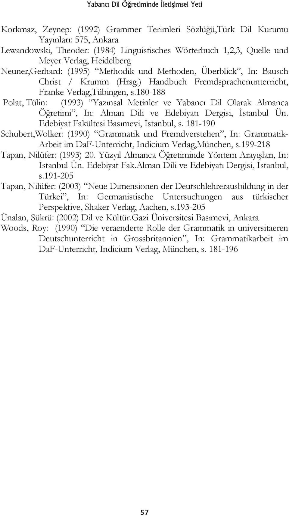 180-188 Polat, Tülin: (1993) Yazınsal Metinler ve Yabancı Dil Olarak Almanca Öğretimi, In: Alman Dili ve Edebiyatı Dergisi, İstanbul Ün. Edebiyat Fakültesi Basımevi, İstanbul, s.