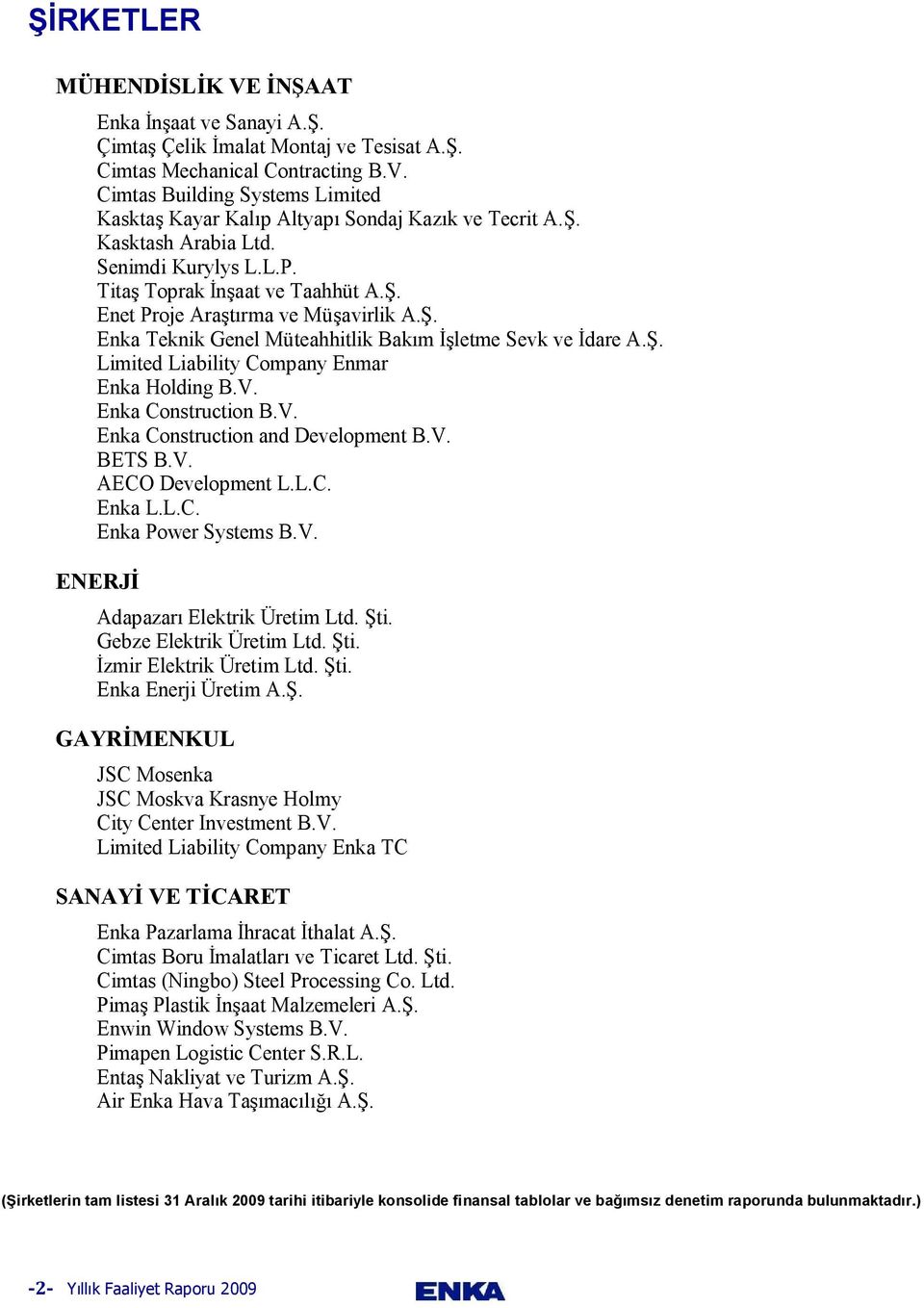 V. Enka Construction B.V. Enka Construction and Development B.V. BETS B.V. AECO Development L.L.C. Enka L.L.C. Enka Power Systems B.V. ENERJİ Adapazarı Elektrik Üretim Ltd. Şti.