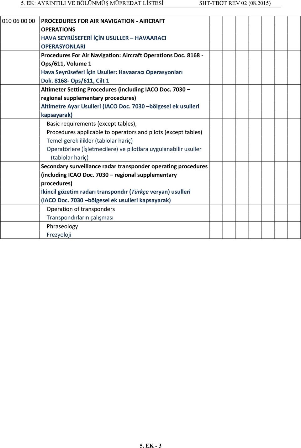 7030 regional supplementary procedures) Altimetre Ayar Usulleri (IACO Doc.