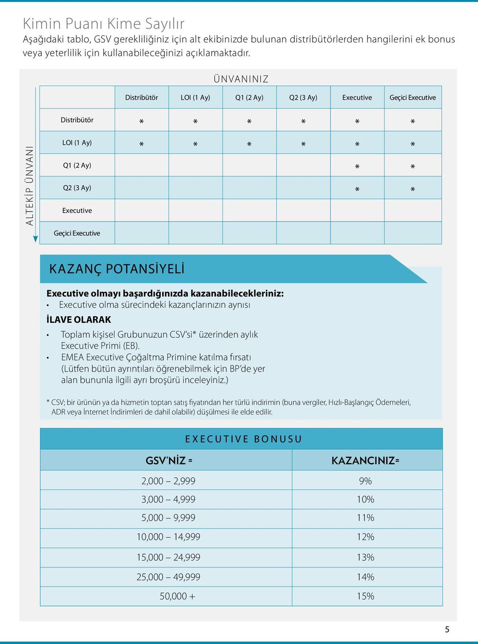 KAZANÇ POTANSİYELİ Executive olmayı başardığınızda kazanabilecekleriniz: Executive olma sürecindeki kazançlarınızın aynısı İLAVE OLARAK Toplam kişisel Grubunuzun CSV si* üzerinden aylık Executive