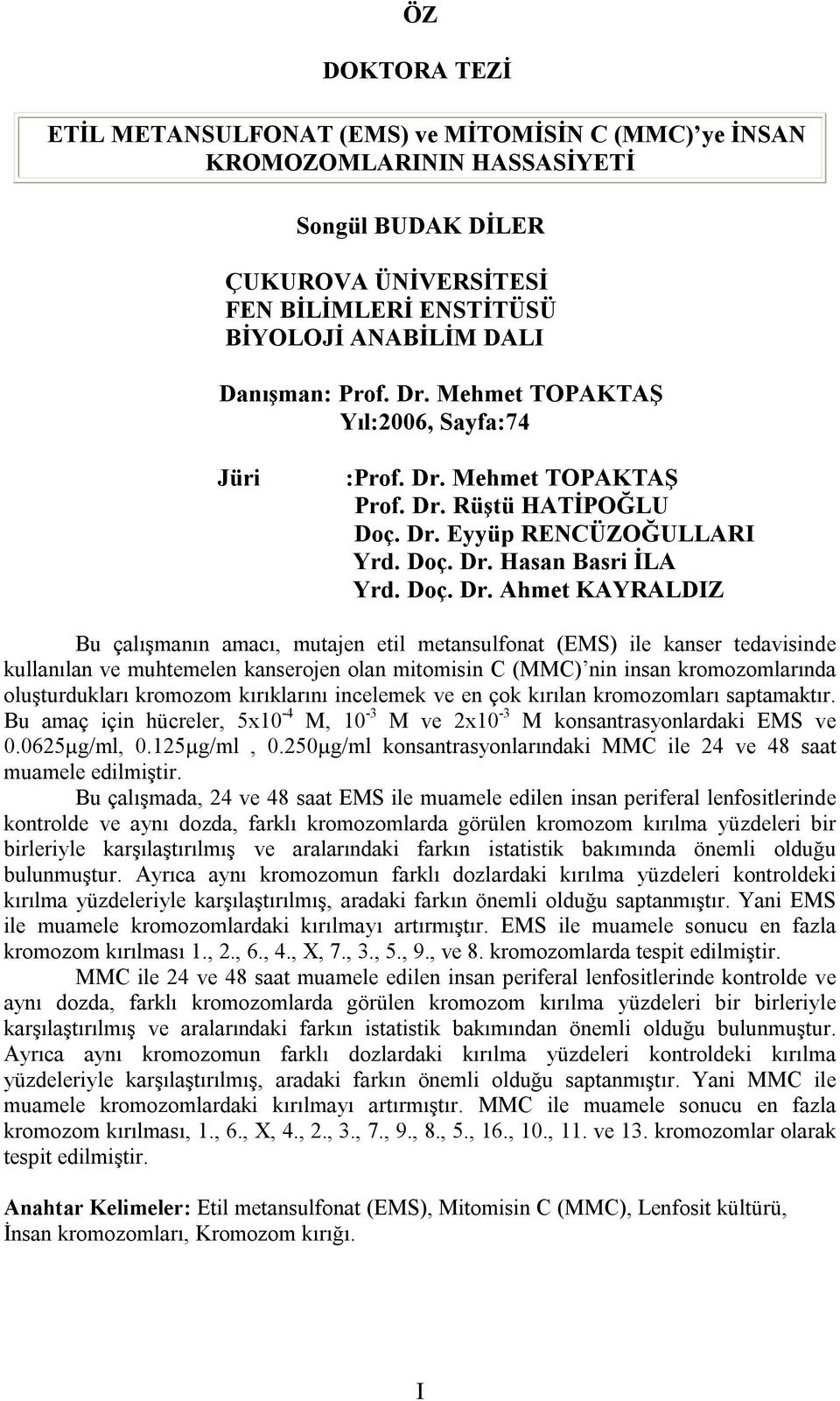 Mehmet TOPAKTAŞ Yıl:2006, Sayfa:74 Jüri : Mehmet TOPAKTAŞ  Rüştü HATİPOĞLU Doç. Dr.