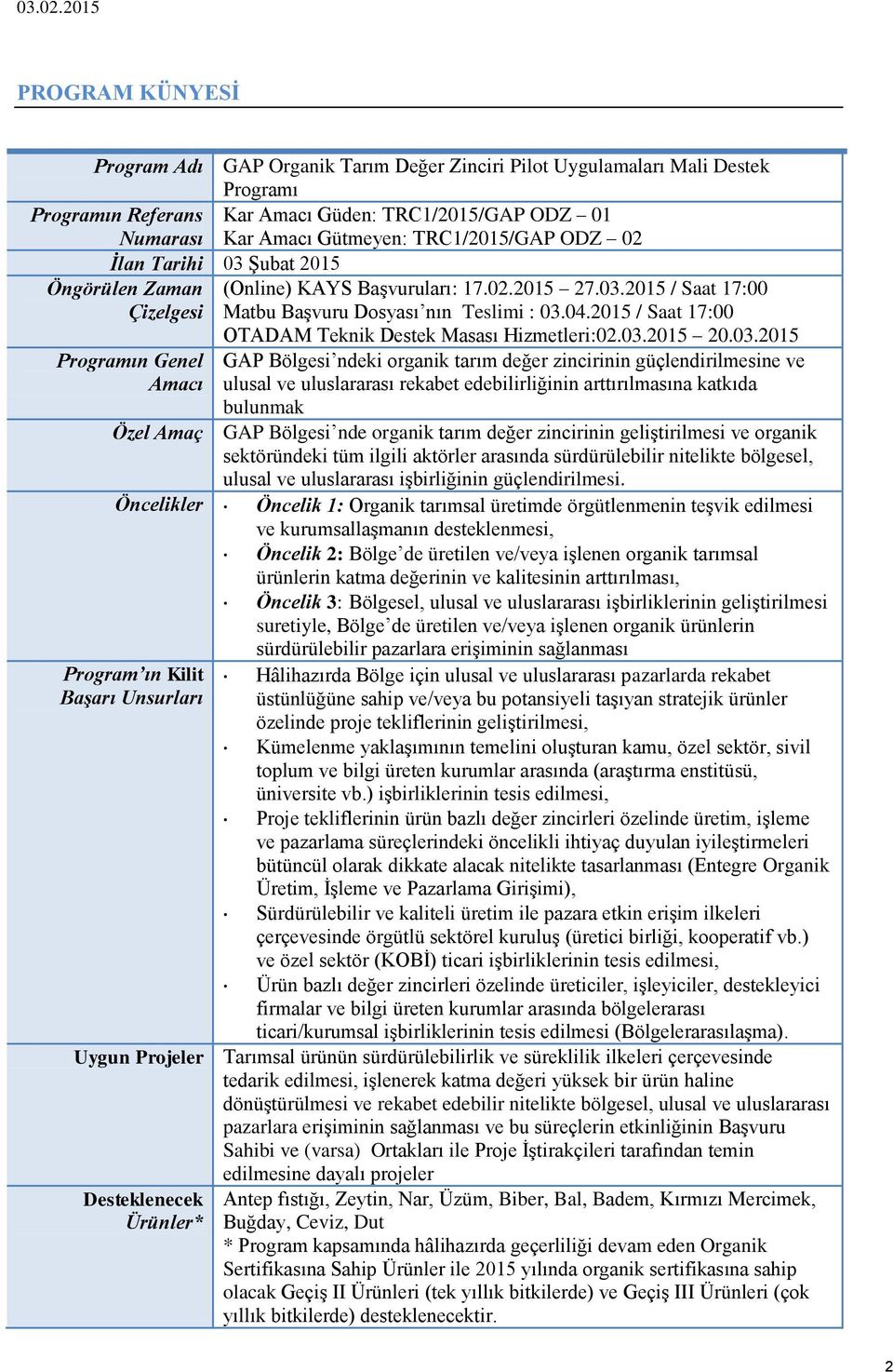 TRC1/2015/GAP ODZ 02 İlan Tarihi 03 Şubat 2015 Öngörülen Zaman (Online) KAYS Başvuruları: 17.02.2015 27.03.2015 / Saat 17:00 Çizelgesi Matbu Başvuru Dosyası nın Teslimi : 03.04.