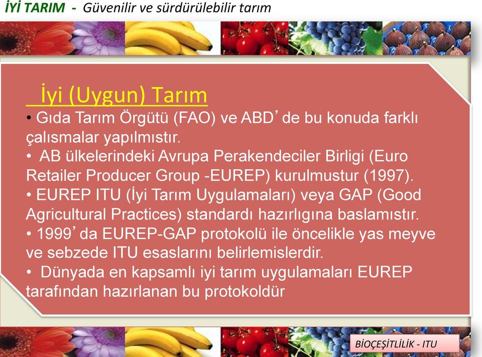 EUREP ITU (İyi Tarım Uygulamaları) veya GAP (Good Agricultural Practices) standardı hazırlıgına baslamıstır.