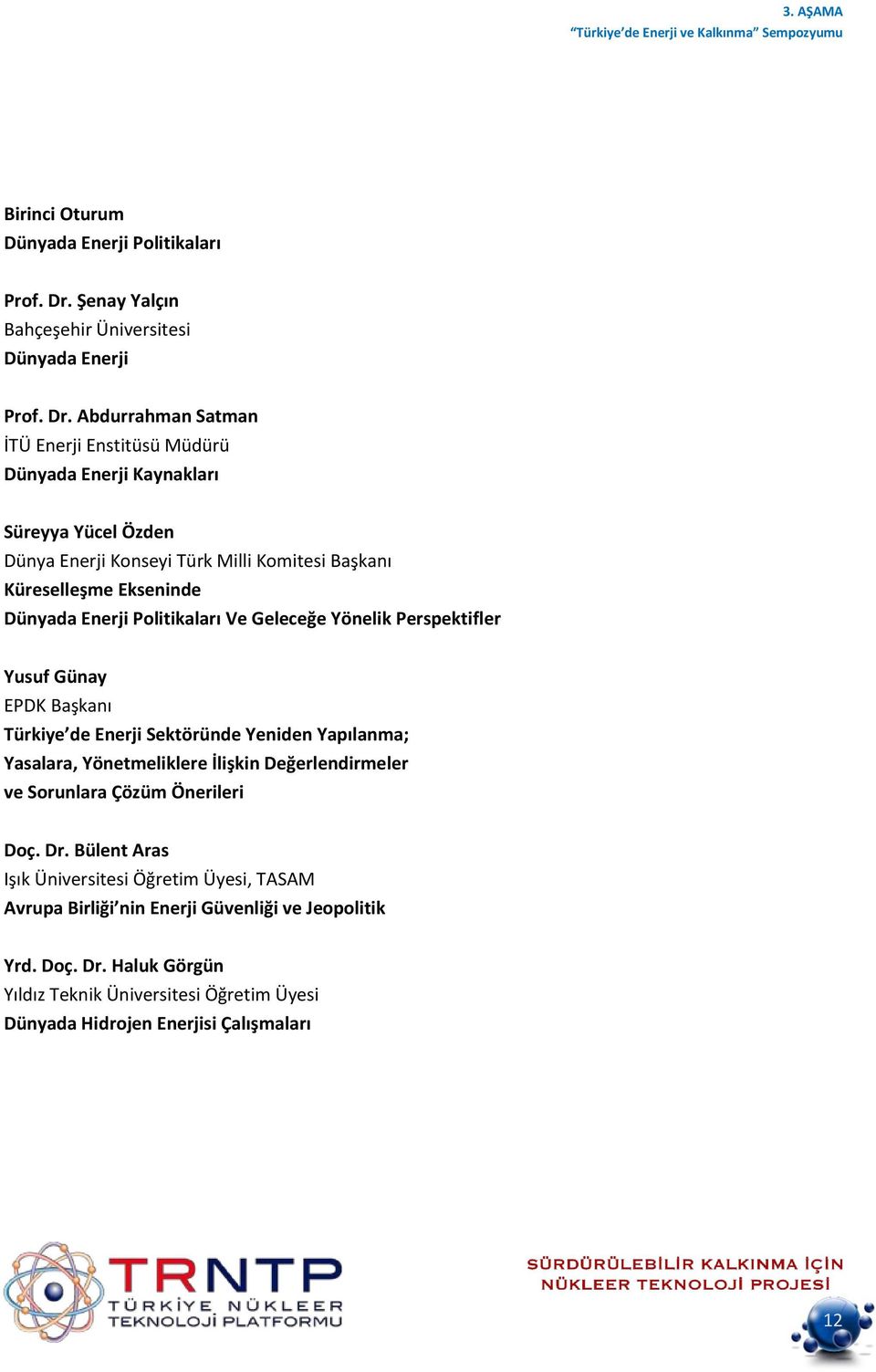 Abdurrahman Satman İTÜ Enerji Enstitüsü Müdürü Dünyada Enerji Kaynakları Süreyya Yücel Özden Dünya Enerji Konseyi Türk Milli Komitesi Başkanı Küreselleşme Ekseninde Dünyada Enerji