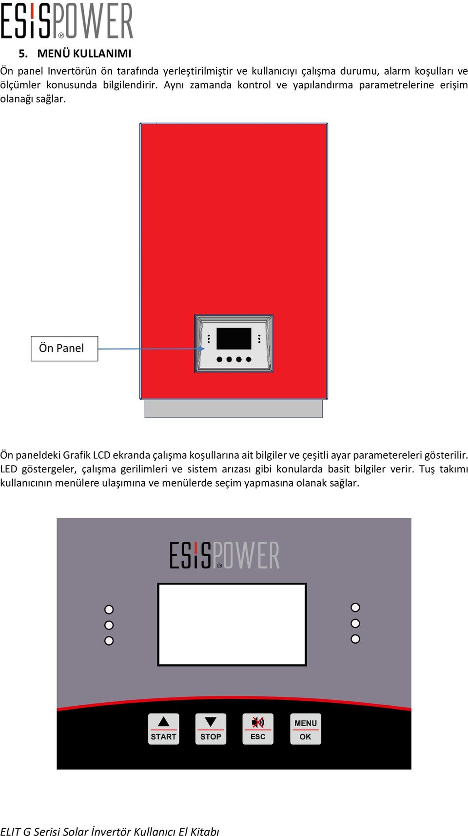 Ön Panel Ön paneldeki Grafik LCD ekranda çalışma koşullarına ait bilgiler ve çeşitli ayar parametereleri gösterilir.