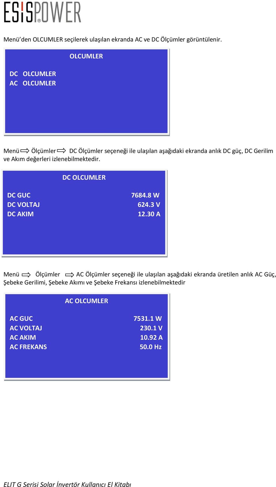 değerleri izlenebilmektedir. DC OLCUMLER DC GUC DC VOLTAJ DC AKIM 7684.8 W 624.3 V 12.