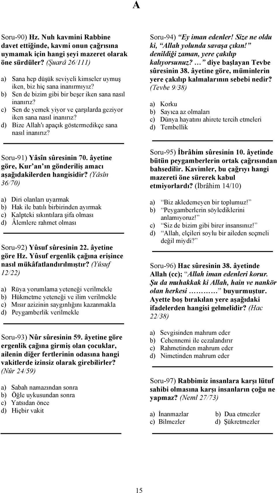 c) Sen de yemek yiyor ve çarşılarda geziyor iken sana nasıl inanırız? d) Bize Allah'ı apaçık göstermedikçe sana nasıl inanırız? Soru-91) Yâsîn sûresinin 70.