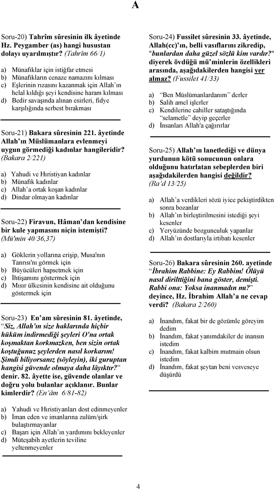 alınan esirleri, fidye karşılığında serbest bırakması Soru-21) Bakara sûresinin 221. âyetinde Allah ın Müslümanlara evlenmeyi uygun görmediği kadınlar hangileridir?