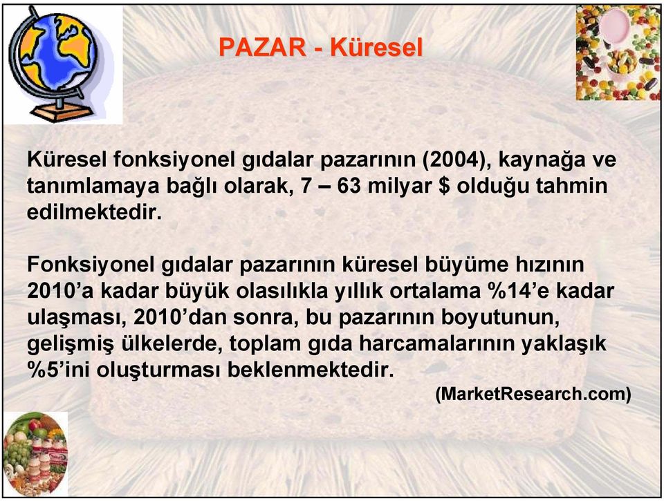 Fonksiyonel gıdalar pazarının küresel büyüme hızının 2010 a kadar büyük olasılıkla yıllık ortalama %14