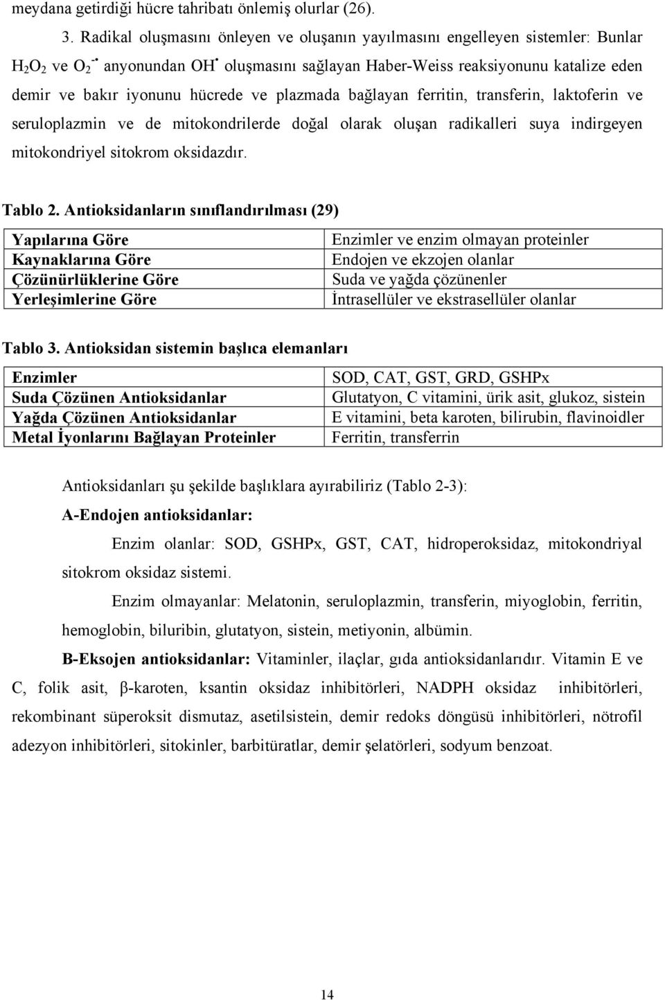 hücrede ve plazmada bağlayan ferritin, transferin, laktoferin ve seruloplazmin ve de mitokondrilerde doğal olarak oluşan radikalleri suya indirgeyen mitokondriyel sitokrom oksidazdır. Tablo 2.