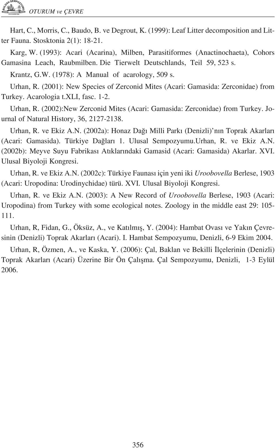 Urhan, R. (2001): New Species of Zerconid Mites (Acari: Gamasida: Zerconidae) from Turkey. Acarologia t.xli, fasc. 1-2. Urhan, R. (2002):New Zerconid Mites (Acari: Gamasida: Zerconidae) from Turkey.