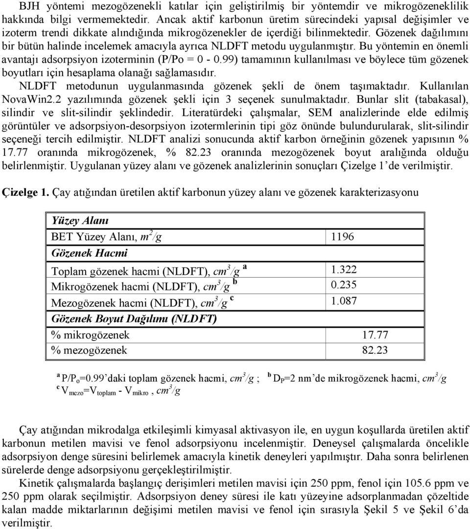 Göznk dağılımını bir bütün halind inclmk amacıyla ayrıca NLDFT mtodu uygulanmıştır. Bu yöntmin n önmli avantajı adsorpsiyon izotrminin (P/Po = -.