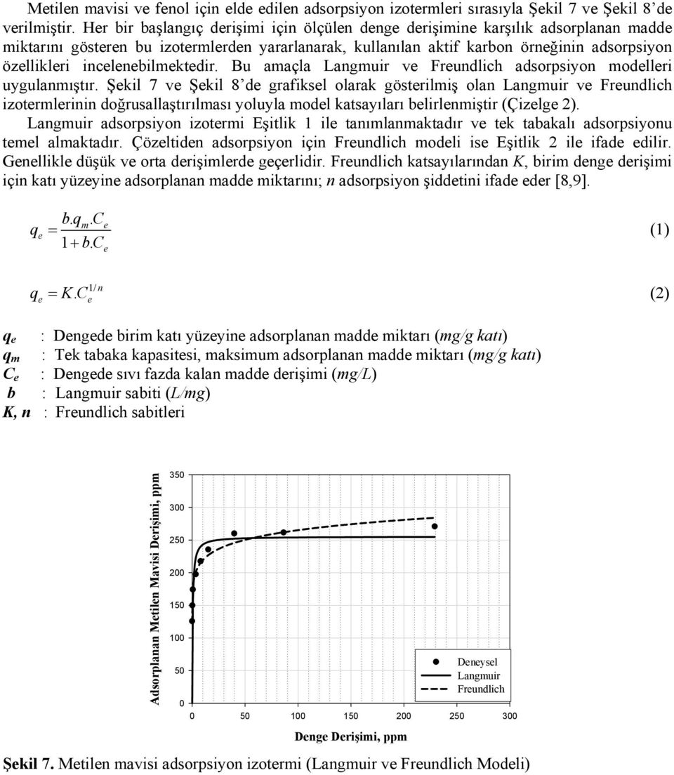 Bu amaçla Langmuir v Frundlich adsorpsiyon modllri uygulanmıştır.