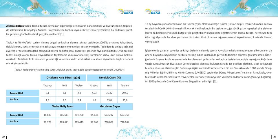 4 te Türkiye deki turizm işletme belgeli ve kaplıca işletme ruhsatlı tesislerde 2009 da ortalama kalış süresi, doluluk oranı, turistlerin tesislere geliş sayısı ve geceleme sayıları gösterilmektedir.