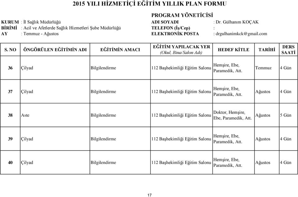 com 36 Çilyad Bilgilendirme 112 BaĢhekimliği Eğitim Salonu HemĢire, Ebe, Paramedik, Att. Temmuz 4 Gün 37 Çilyad Bilgilendirme 112 BaĢhekimliği Eğitim Salonu HemĢire, Ebe, Paramedik, Att.