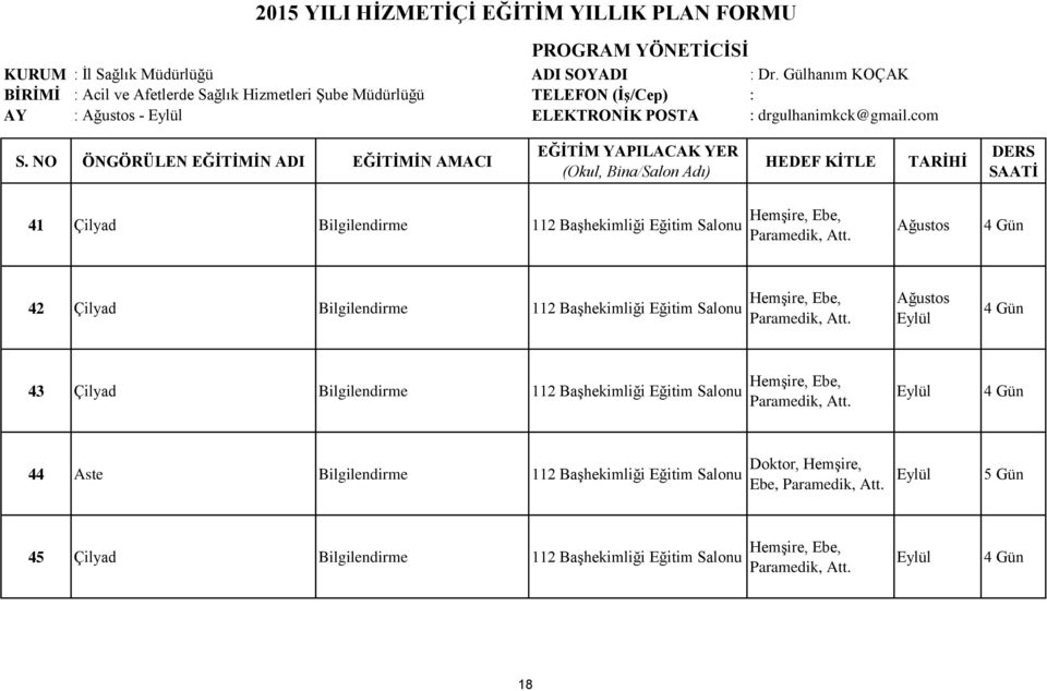 com 41 Çilyad Bilgilendirme 112 BaĢhekimliği Eğitim Salonu HemĢire, Ebe, Paramedik, Att. Ağustos 4 Gün 42 Çilyad Bilgilendirme 112 BaĢhekimliği Eğitim Salonu HemĢire, Ebe, Paramedik, Att.