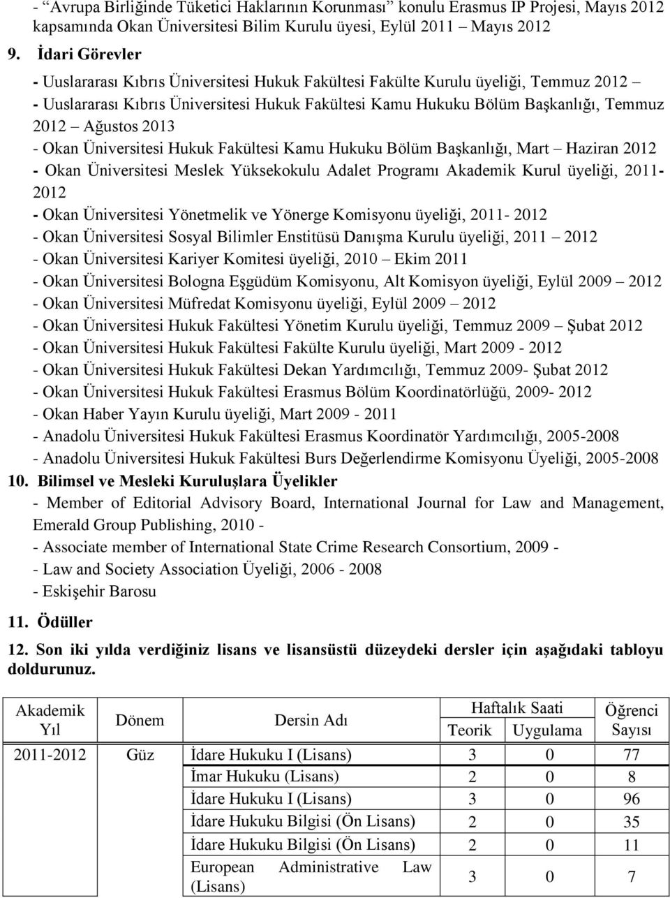 Ağustos 2013 - Okan Üniversitesi Hukuk Fakültesi Kamu Hukuku Bölüm Başkanlığı, Mart Haziran 2012 - Okan Üniversitesi Meslek Yüksekokulu Adalet Programı Akademik Kurul üyeliği, 2011-2012 - Okan