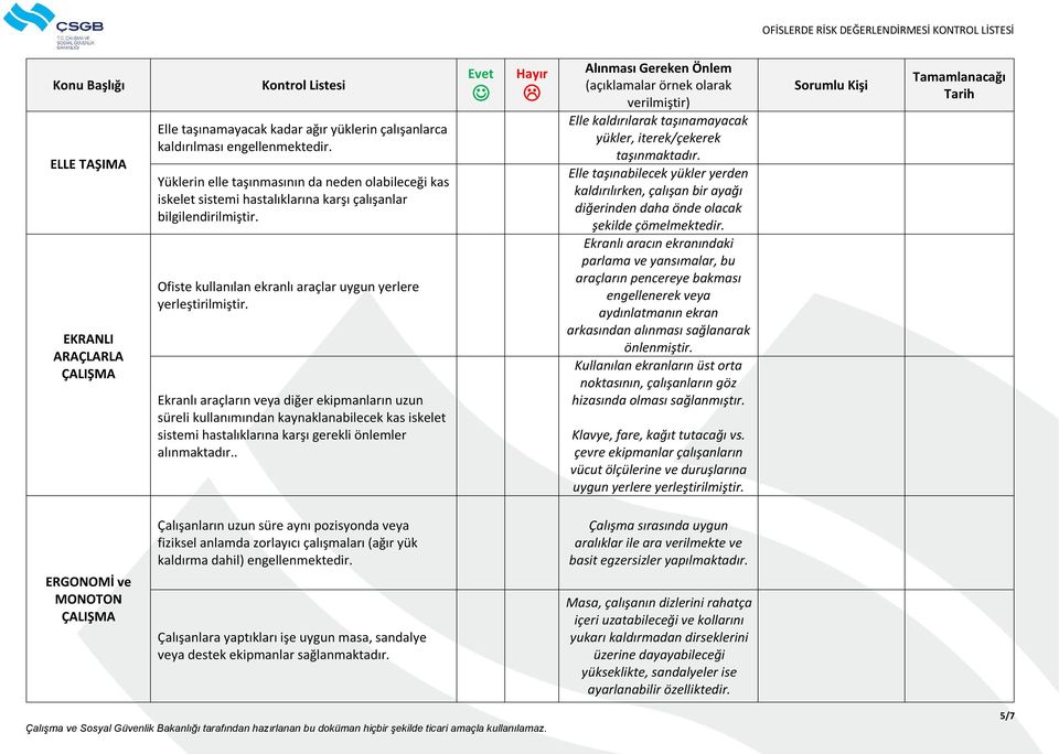 Ekranlı araçların veya diğer ekipmanların uzun süreli kullanımından kaynaklanabilecek kas iskelet sistemi hastalıklarına karşı gerekli önlemler alınmaktadır.