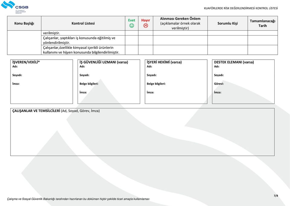 İŞVEREN/VEKİLİ* Adı: İŞ GÜVENLİĞİ UZMANI (varsa) Adı: İŞYERİ HEKİMİ (varsa) Adı: DESTEK ELEMANI (varsa) Adı: