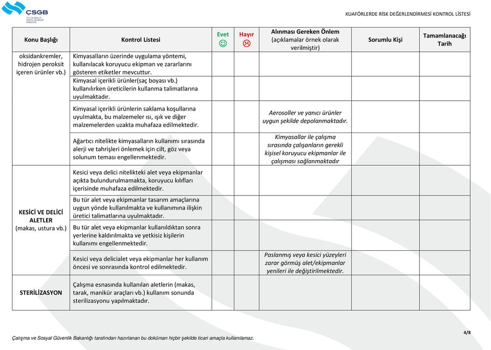 Kimyasal içerikli ürünlerin saklama koşullarına uyulmakta, bu malzemeler ısı, ışık ve diğer malzemelerden uzakta muhafaza edilmektedir. Aerosoller ve yanıcı ürünler uygun şekilde depolanmaktadır.