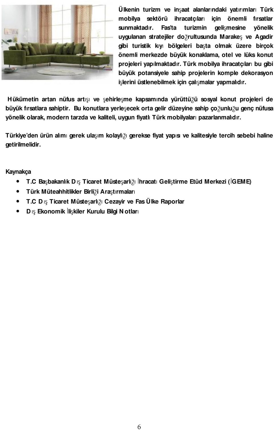 projeleri yapılmaktadır. Türk mobilya ihracatçıları bu gibi büyük potansiyele sahip projelerin komple dekorasyon işlerini üstlenebilmek için çalışmalar yapmalıdır.