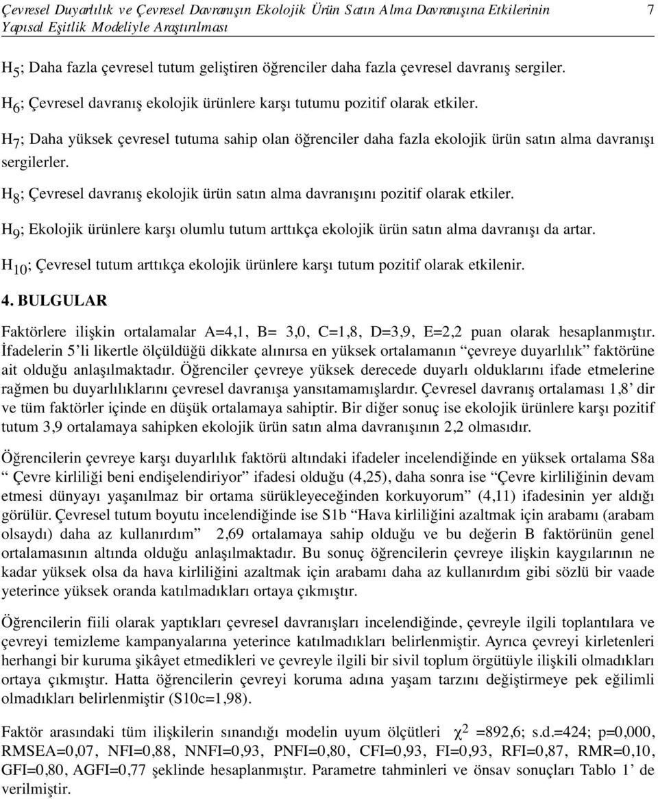 H 7 ; Daha yüksek çevresel tutuma sahip olan öğrenciler daha fazla ekolojik ürün satın alma davranışı sergilerler. H 8 ; Çevresel davranış ekolojik ürün satın alma davranışını pozitif olarak etkiler.