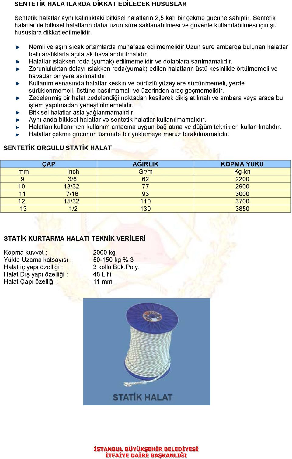 uzun süre ambarda bulunan halatlar belli aralıklarla açılarak havalandırılmalıdır. Halatlar ıslakken roda (yumak) edilmemelidir ve dolaplara sarılmamalıdır.