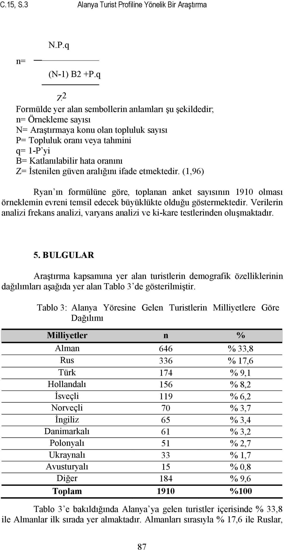 İstenilen güven aralığını ifade etmektedir. (1,96) Ryan ın formülüne göre, toplanan anket sayısının 1910 olması örneklemin evreni temsil edecek büyüklükte olduğu göstermektedir.