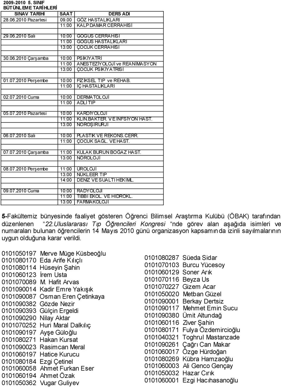 BAKTER. V E ĠNFSĠYON HAST. 13:00 NÖROġĠRURJĠ 06.07.2010 Salı 10:00 PLASTĠK VE REKONS.CERR. 11:00 ÇOCUK SAĞL. VE HAST. 07.07.2010 ÇarĢamba 11:00 KULAK BURUN BOĞAZ HAST. 13:00 NÖROLOJĠ 08.07.2010 PerĢembe 11:00 ÜROLOJĠ 13:00 NÜKLEER TIP 14:00 DENĠZ VE SUALTI HEKĠML.