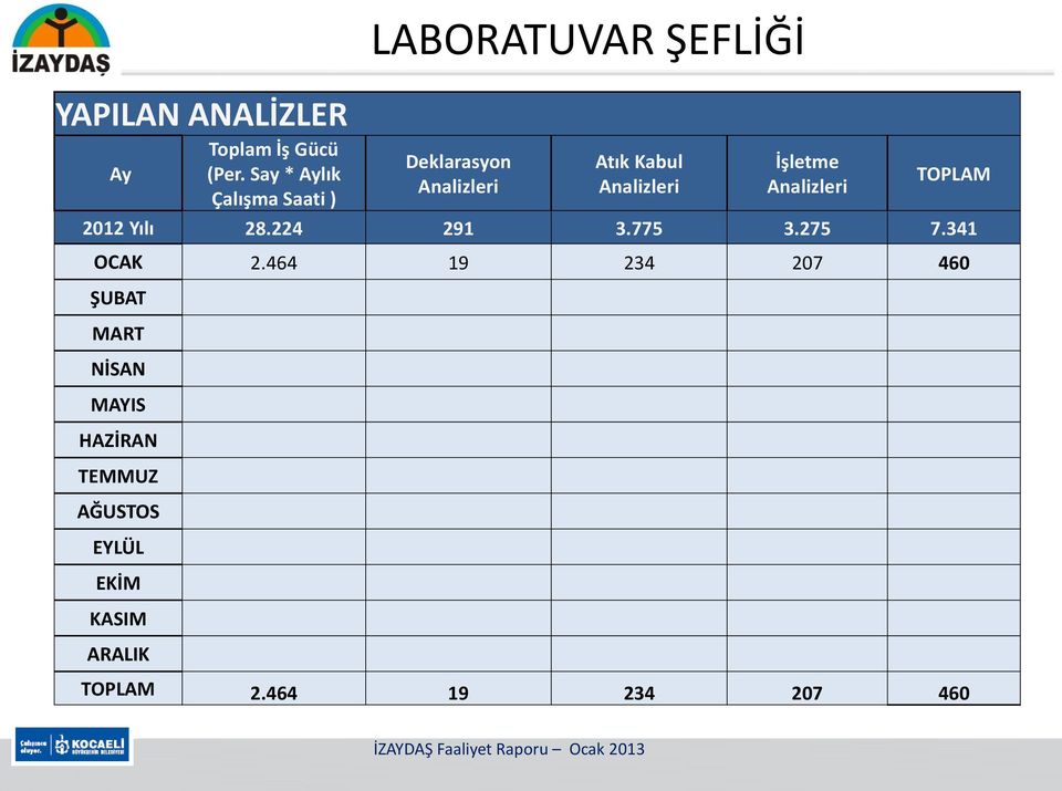 Analizleri TOPLAM 2012 Yılı 28.224 291 3.775 3.275 7.341 OCAK 2.