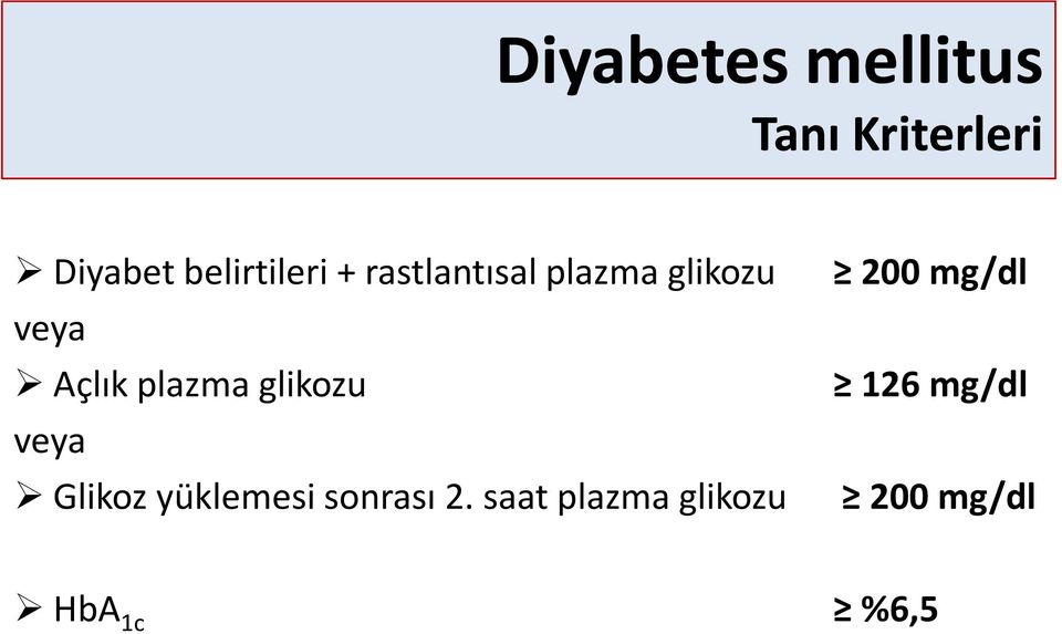 mg/dl veya Açlık plazma glikozu 126 mg/dl veya