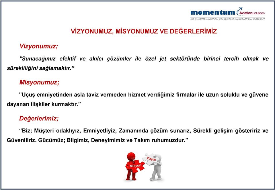 Misyonumuz; "Uçuş emniyetinden asla taviz vermeden hizmet verdiğimiz firmalar ile uzun soluklu ve güvene dayanan