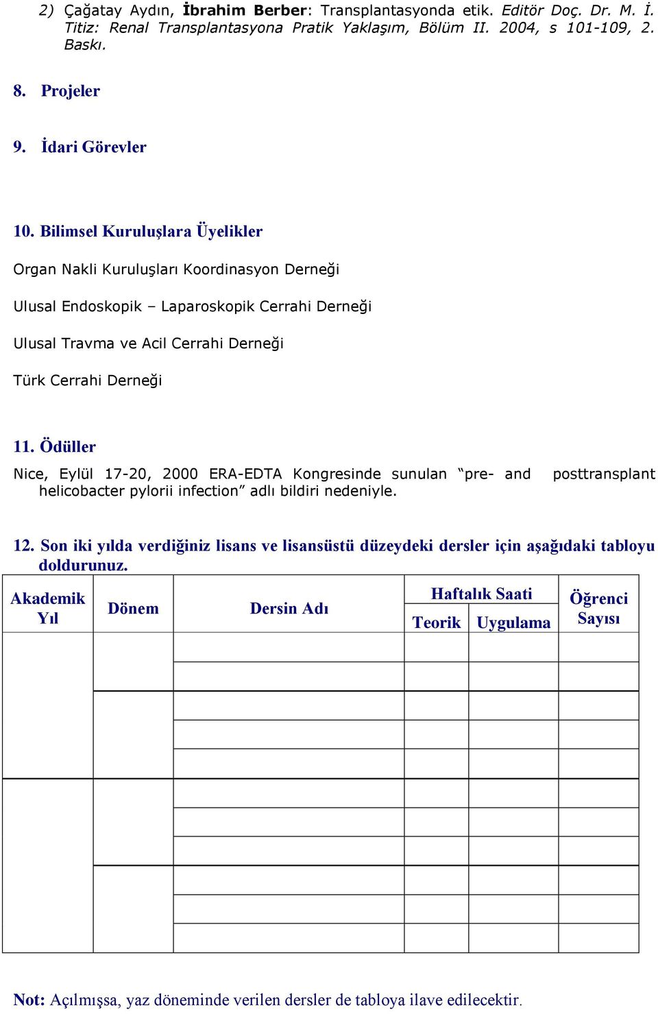 Bilimsel Kuruluşlara Üyelikler Organ Nakli Kuruluşları Koordinasyon Derneği Ulusal Endoskopik Laparoskopik Cerrahi Derneği Ulusal Travma ve Acil Cerrahi Derneği Türk Cerrahi Derneği 11.