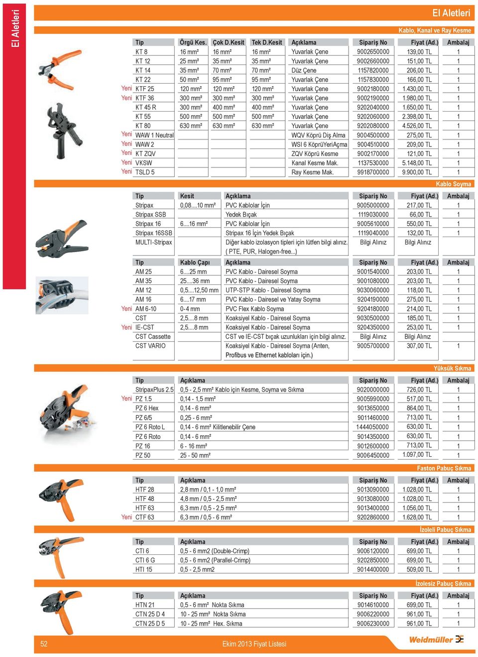 Kesit 6 mm² 35 mm² 70 mm² 95 mm² 20 mm² 400 mm² 500 mm² 630 mm² Düz Çene WQV Köprü Di Alma WSI 6 KöprüYeriAçma ZQV Köprü Kesme Kanal Kesme Mak. Ray Kesme Mak.