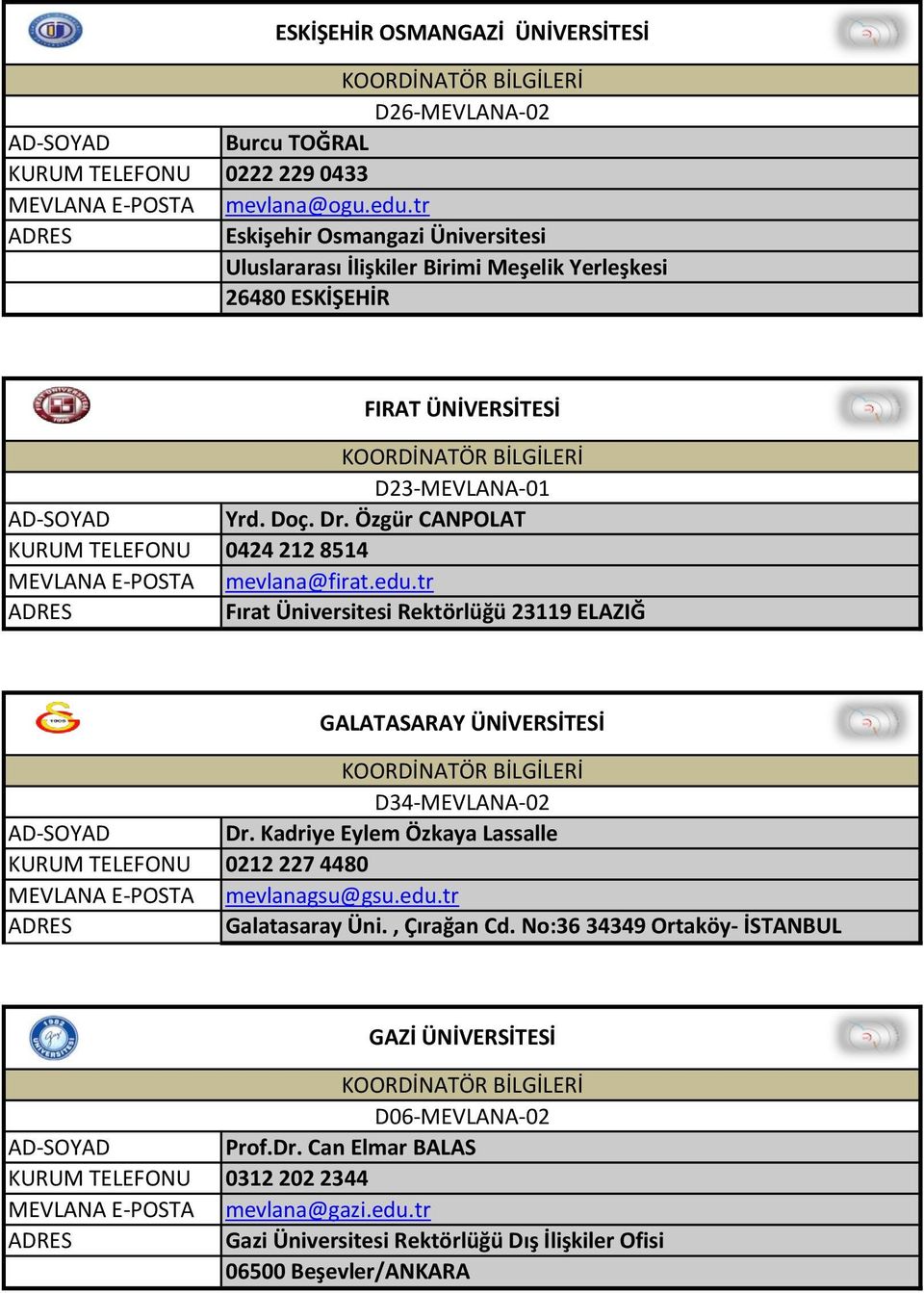 Özgür CANPOLAT 0424 212 8514 mevlana@firat.edu.tr Fırat Üniversitesi Rektörlüğü 23119 ELAZIĞ GALATASARAY ÜNİVERSİTESİ D34-MEVLANA-02 Dr.