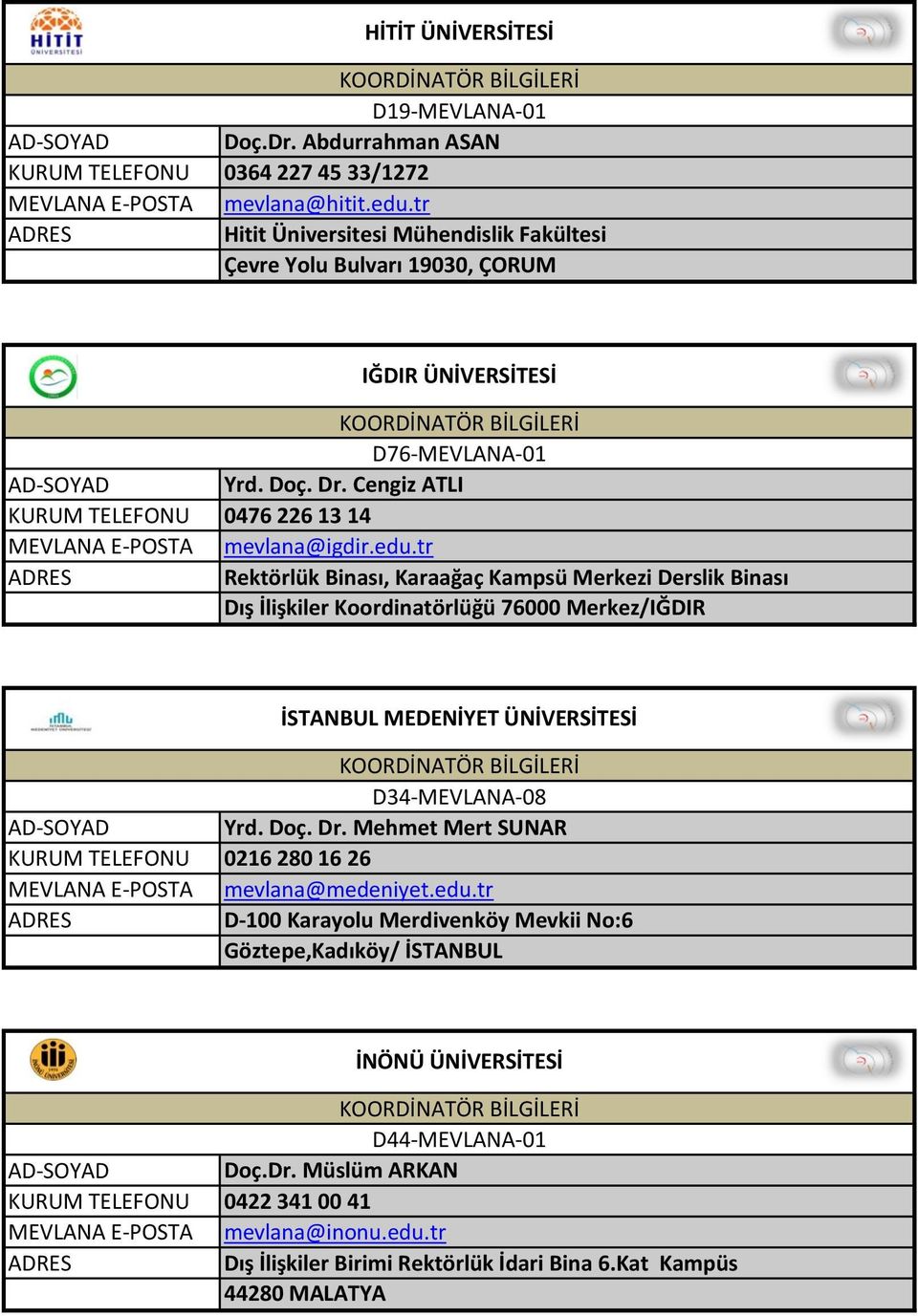 tr Rektörlük Binası, Karaağaç Kampsü Merkezi Derslik Binası Dış İlişkiler Koordinatörlüğü 76000 Merkez/IĞDIR İSTANBUL MEDENİYET ÜNİVERSİTESİ D34-MEVLANA-08 Yrd. Doç. Dr.