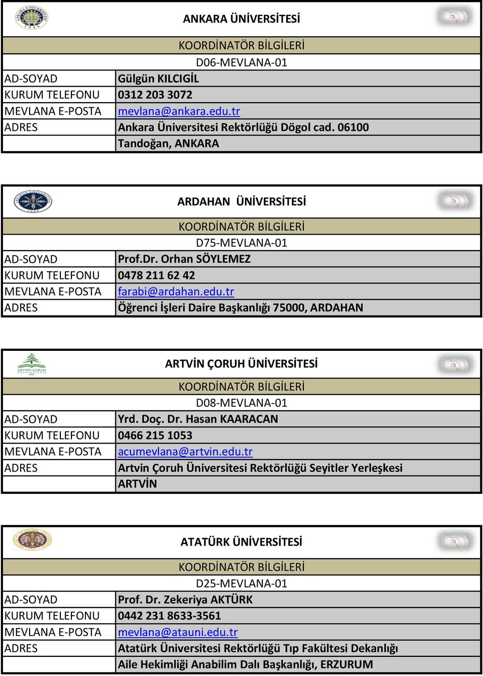 tr Öğrenci İşleri Daire Başkanlığı 75000, ARDAHAN ARTVİN ÇORUH ÜNİVERSİTESİ D08-MEVLANA-01 Yrd. Doç. Dr. Hasan KAARACAN 0466 215 1053 acumevlana@artvin.edu.