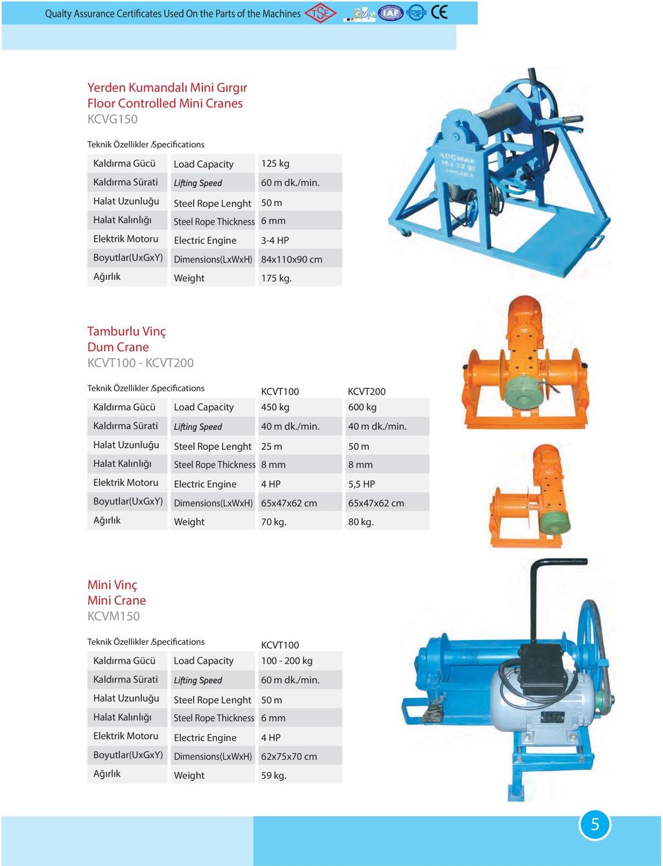 Tamburlu Vinç Dum Crane KCVT100 - KCVT200 Kaldırma Gücü Load Capacity Kaldırma Sürati Halat Uzunluğu Steel Rope Lenght Halat Kalınlığı Steel Rope Thickness Elektrik Motoru Electric Engine